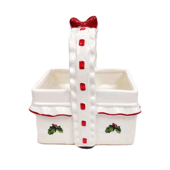 VTG Lefton Ceramic Holly Berry Christmas Basket Candy Dish Red Bow Hand Painted - Picture 6 of 7